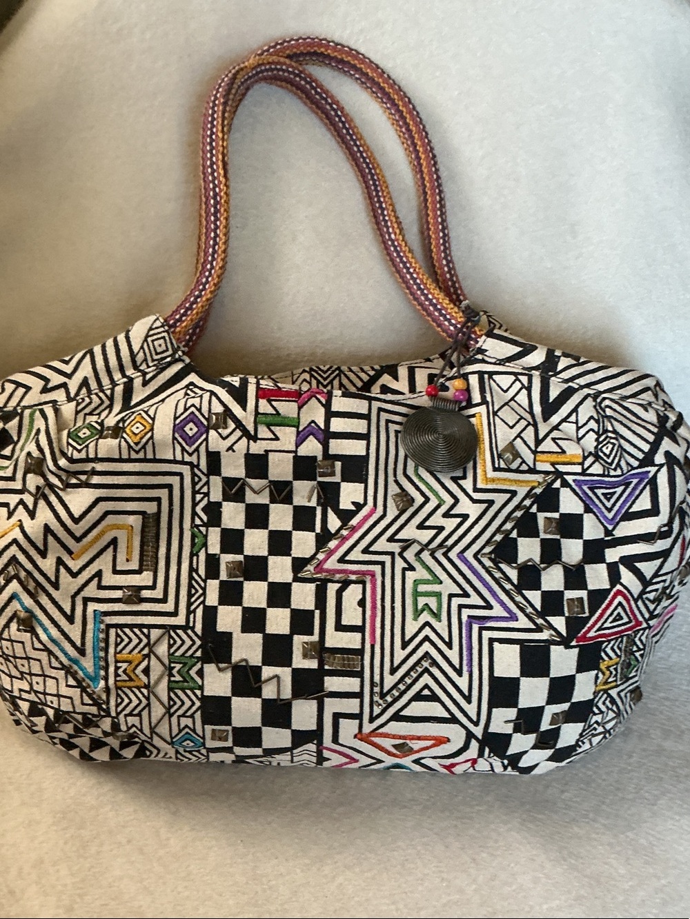 Black & White Geometric Tote with Multicolor Accents